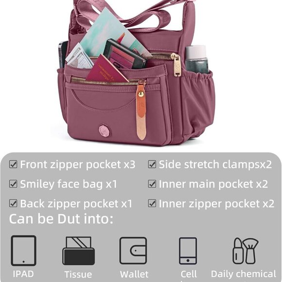 Crossbody Bag Women Nylon Water Resistant Multiple Pockets Travel Purse - Picture 3 of 6